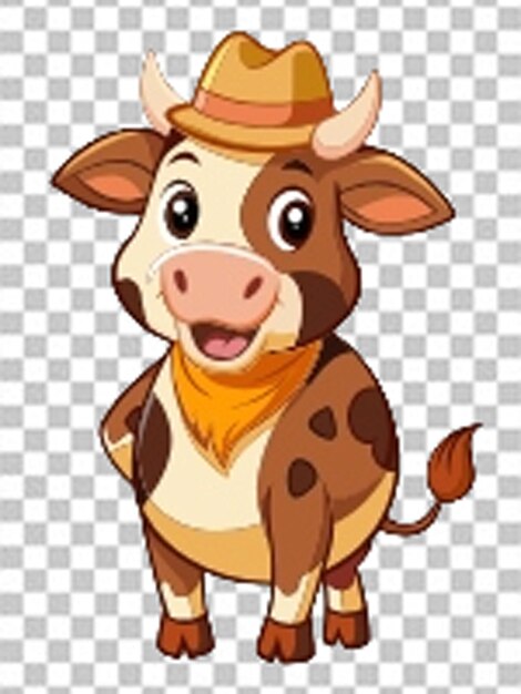 PSD cartoon cow with a smile on his face standing on a green background