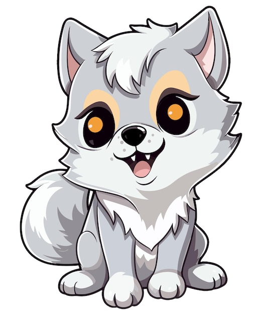 A cartoon of a cute dog with yellow eyes and a white background.