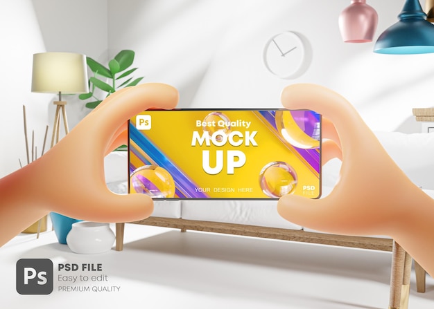 Cartoon Cute Hand Holding Landscape Phone on Living Room Real World Mockup Template 3D Render