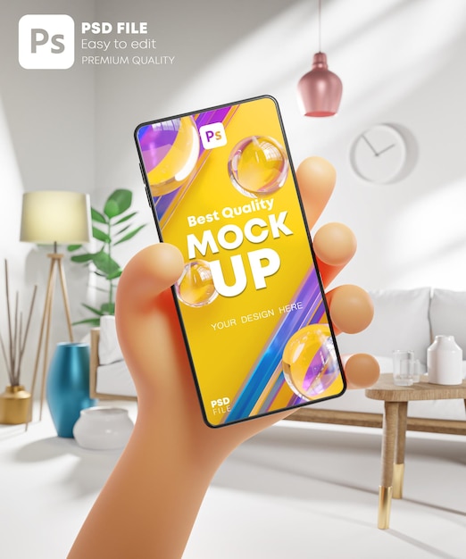 PSD cartoon cute hand holding phone on living room real world mockup template 3d render