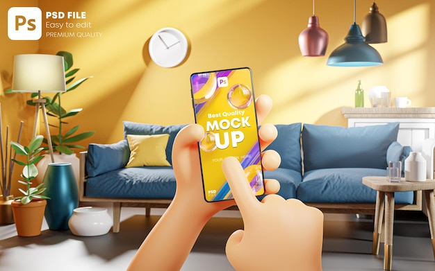 PSD cartoon cute hand touching phone on living room real world mockup template 3d render