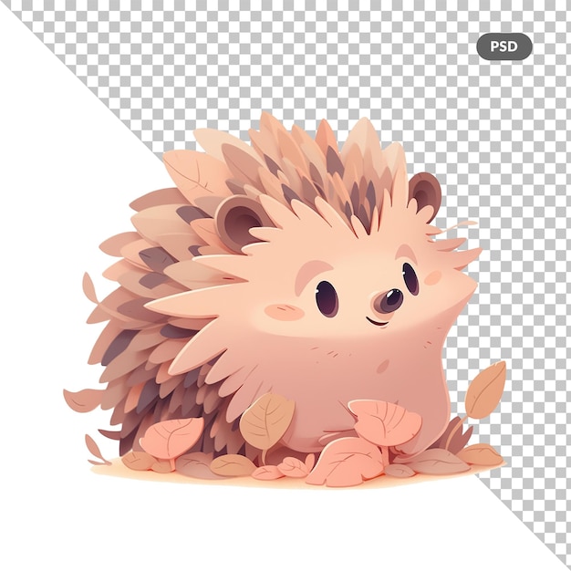 A cartoon of a cute little animal with a background of leaves and a picture of a hedgehog.