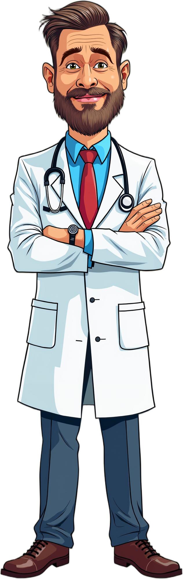 PSD cartoon depiction of a man with a beard wearing a white lab coat and a red tie standing confidently with his arms crossed isolated on transparent background