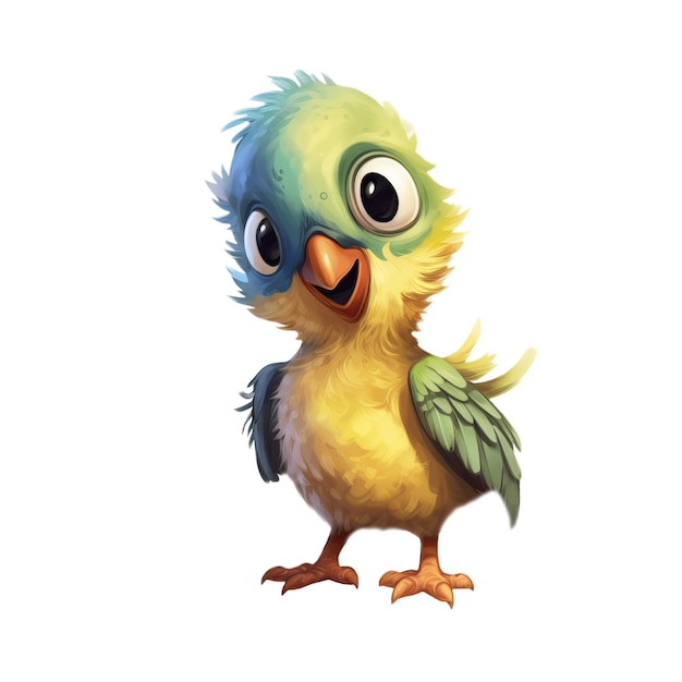 A cartoon drawing of a baby bird with a yellow and blue head and green feathers.