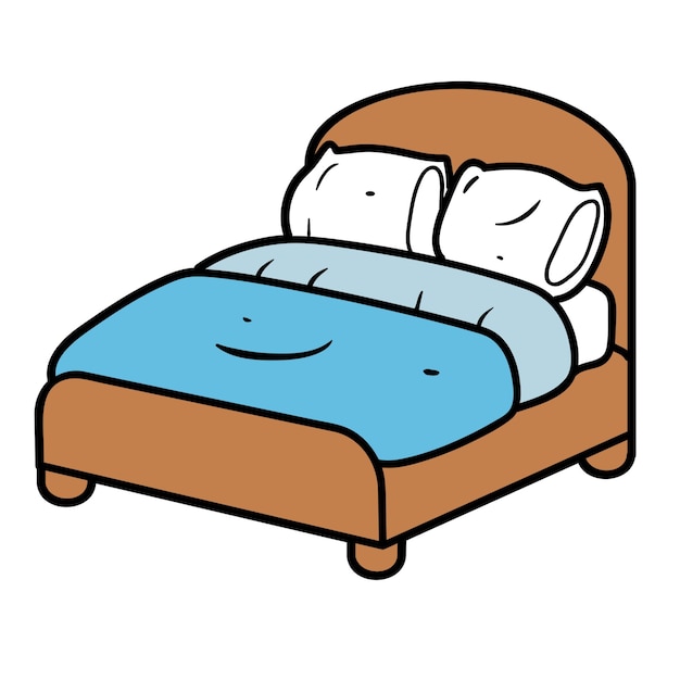 a cartoon drawing of a bed with a blue blanket and a brown pillow with a blue blanket on it