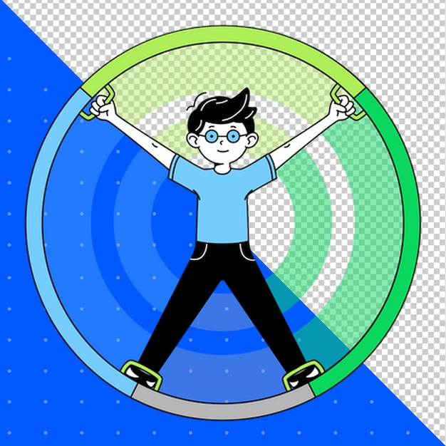 a cartoon drawing of a boy with glasses and a green circle with a blue background