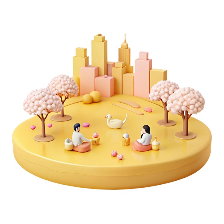 PSD a cartoon drawing of a city park with ducks and trees