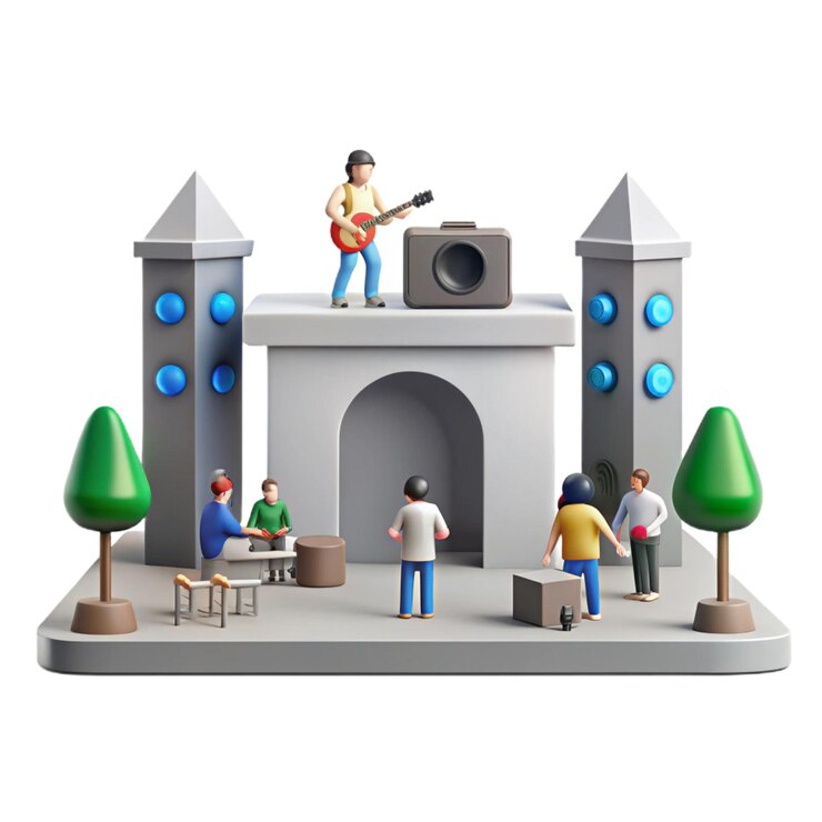 PSD a cartoon drawing of a man standing on a platform with a camera in front of a building with a man st