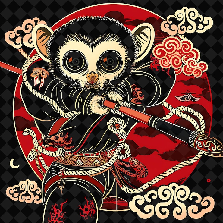 PSD a cartoon drawing of a monkey holding a sword and a red background with a monkey holding a sword