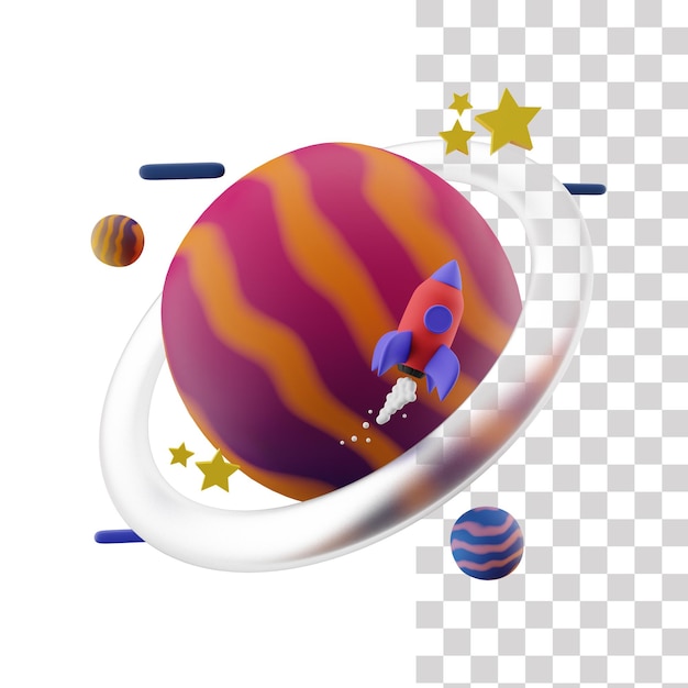 A cartoon drawing of a planet with a rocket on it and a planet in the center.