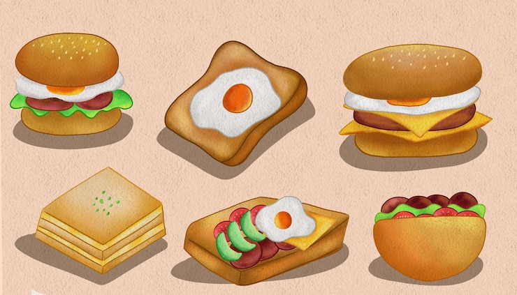 PSD a cartoon drawing of a sandwich and a book called breakfastfood illustration with textured drawing
