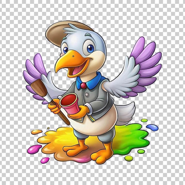 PSD cartoon duck character painting with colorful wings on transparent background
