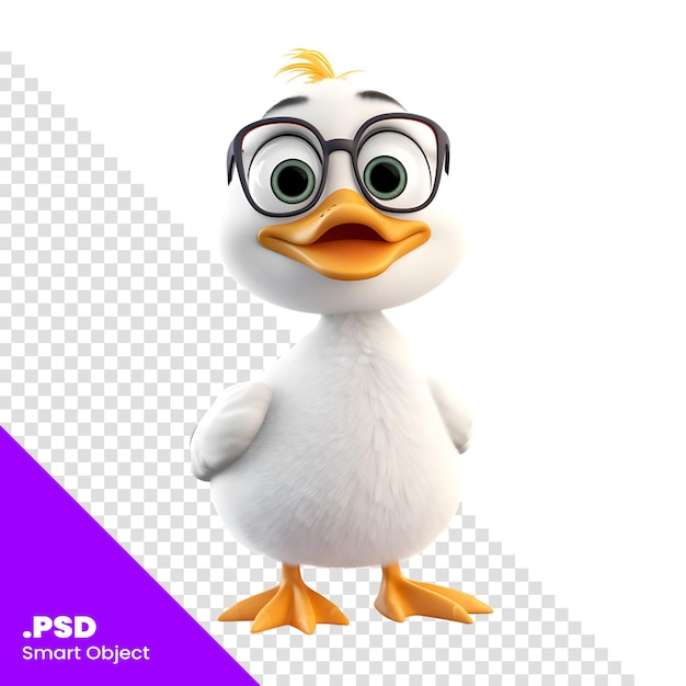 Cartoon duck with glasses on white background. 3d rendering. psd template