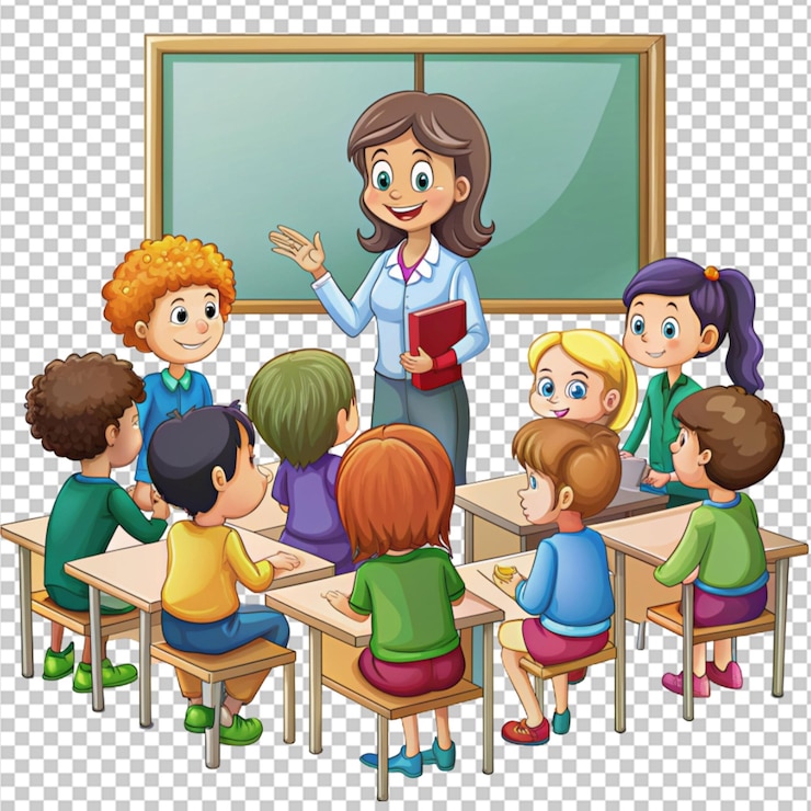 PSD cartoon educating eager students in a classroom on transparent background