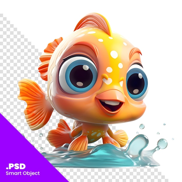 PSD pesce cartone animato con spruzzi d'acqua su sfondo bianco modello psd illustrazione 3d