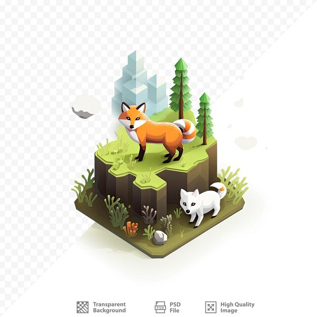 PSD a cartoon of a fox and the animals on a hill.