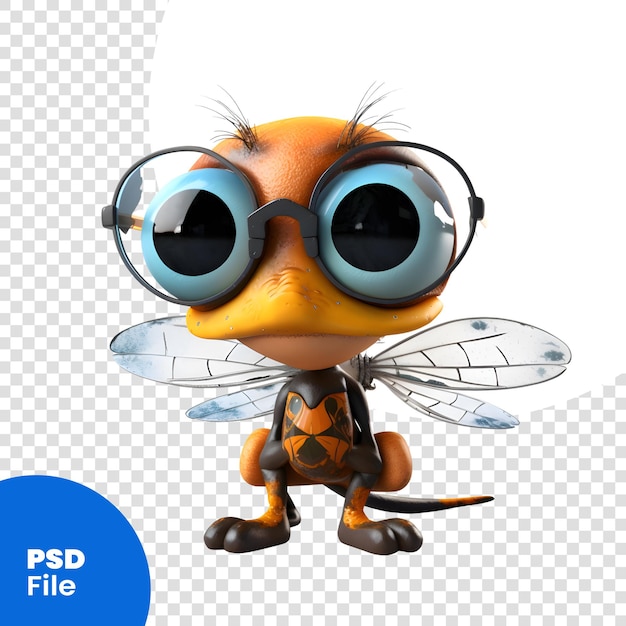 Cartoon frog with glasses and a dragonfly on a white background psd template