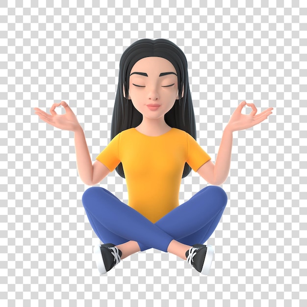 PSD cartoon funny cute girl with closed eyes in yoga lotus position on a white background 3d render