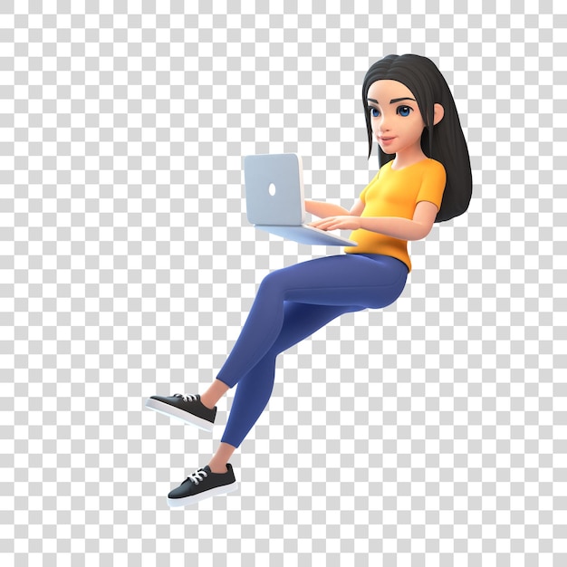 PSD cartoon funny cute girl with laptop floating in the air in relaxation mode on a white background 3d