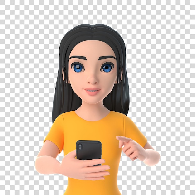 PSD cartoon funny cute girl in a yellow tshirt use smartphone on a white background 3d render