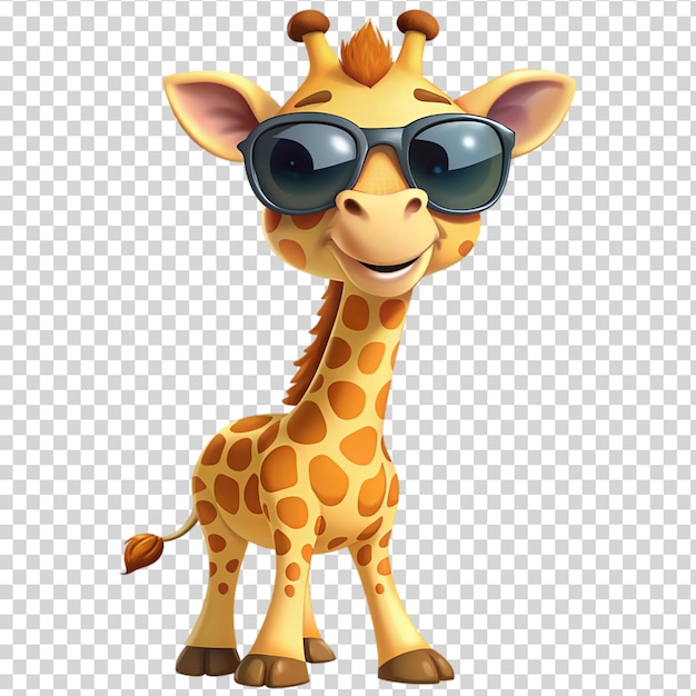 PSD Карикатурный жираф с солнцезащитными очками, изолированный на прозрачном фоне