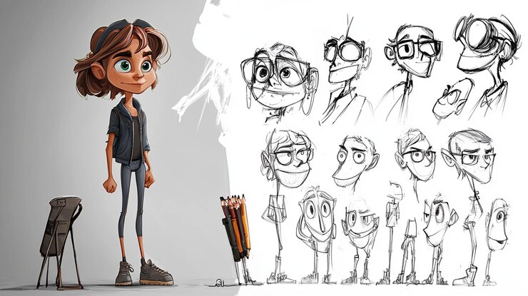 PSD cartoon girl character design sheet with various sketches and poses