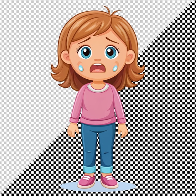 PSD cartoon girl crying on transparent background