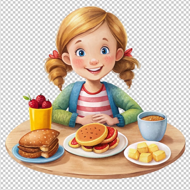 Cartoon girl doing breakfast on transparent background