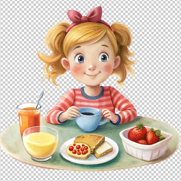 Cartoon girl doing breakfast on transparent background