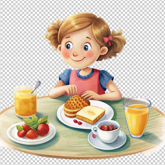 PSD ragazza dei cartoni animati che fa colazione su uno sfondo trasparente