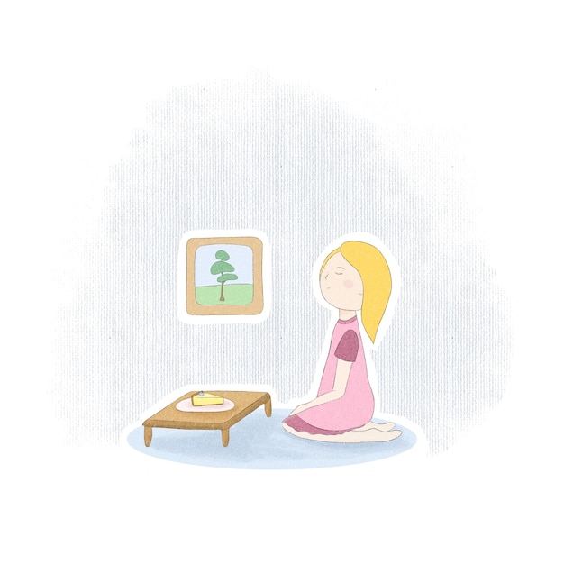 漫画の女の子がケーキを食べる 可愛いイラスト ストーリー ライフスタイル ポストカード 絵 ピンクのドレス ブロンド 小さいフラット