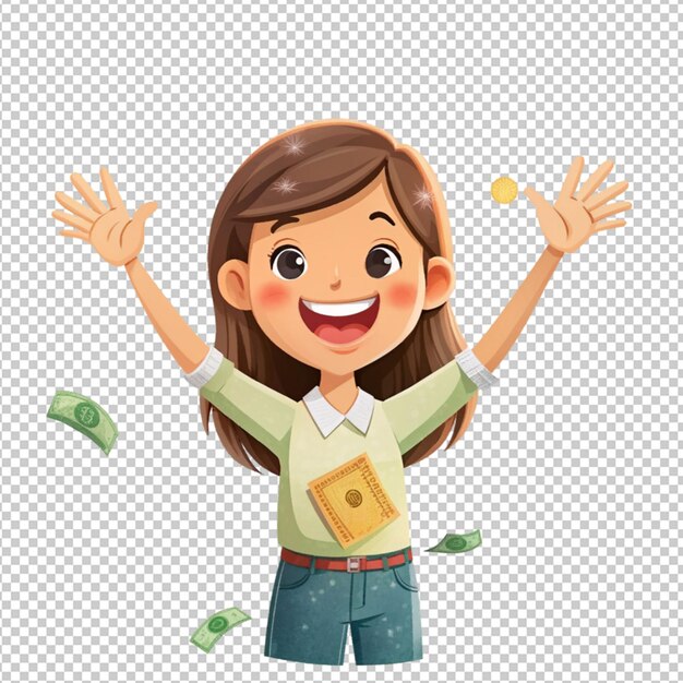 PSD cartoon girl enjoy with money on transparent background