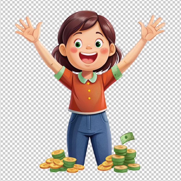 PSD cartoon girl enjoy with money on transparent background