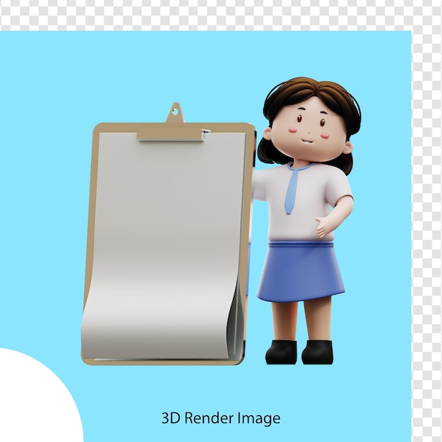 A cartoon of a girl holding a clipboard with a paper on it