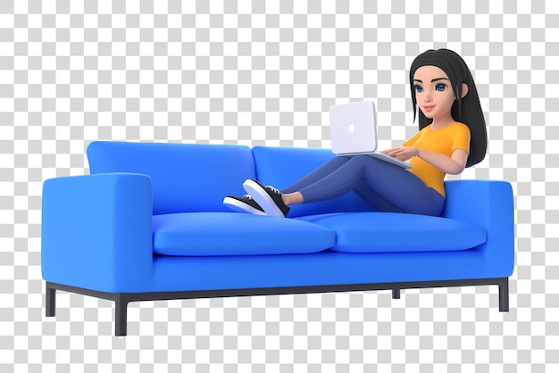 Cartoon girl is resting or working on a blue sofa with laptop in her hands on a white background 3d