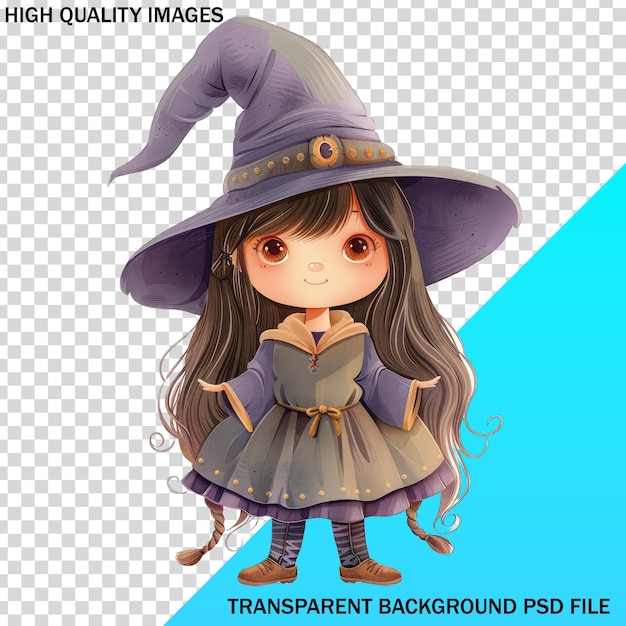 PSD a cartoon of a girl in a witch hat and a witch hat