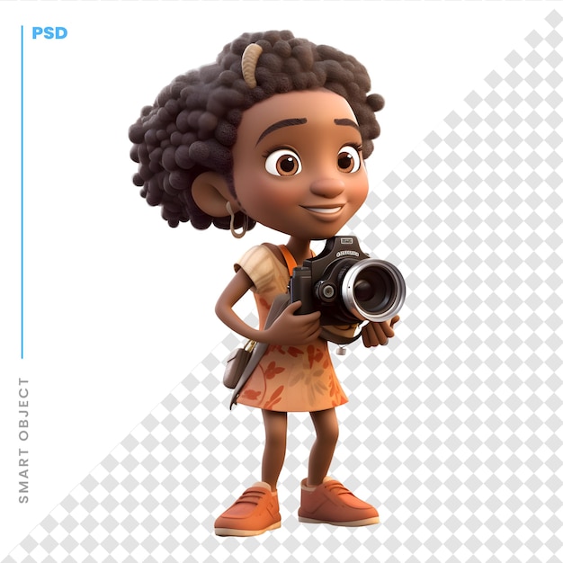 PSD cartoon girl with a camera on a white background 3d rendering