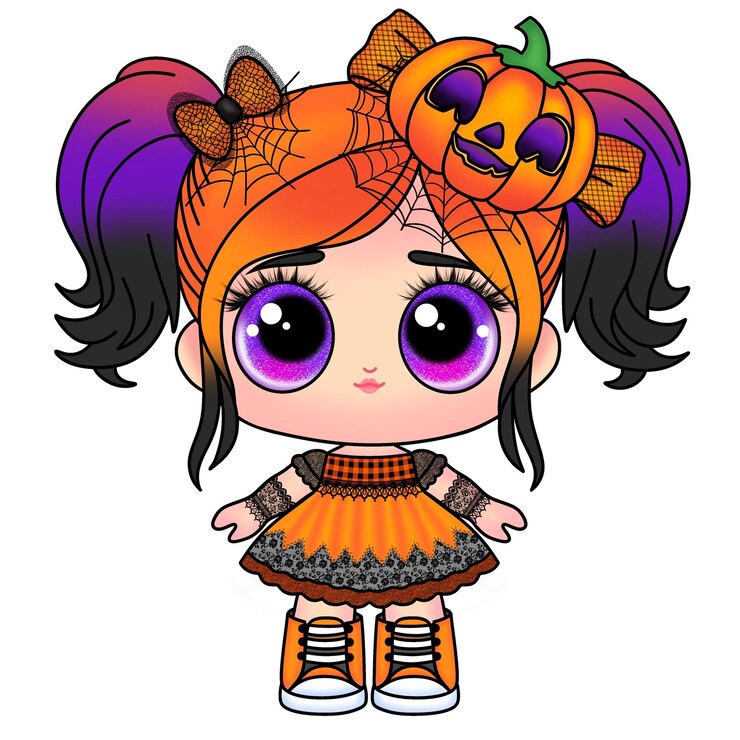 PSD a cartoon girl with a halloween costume and a pumpkin on her head