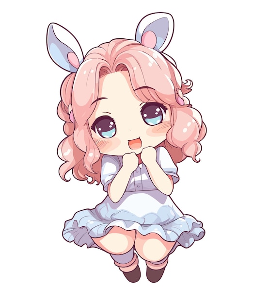 A cartoon of a girl with pink hair and bunny ears.