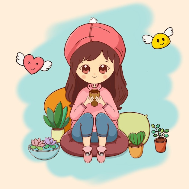 PSD cartoon girl with plant