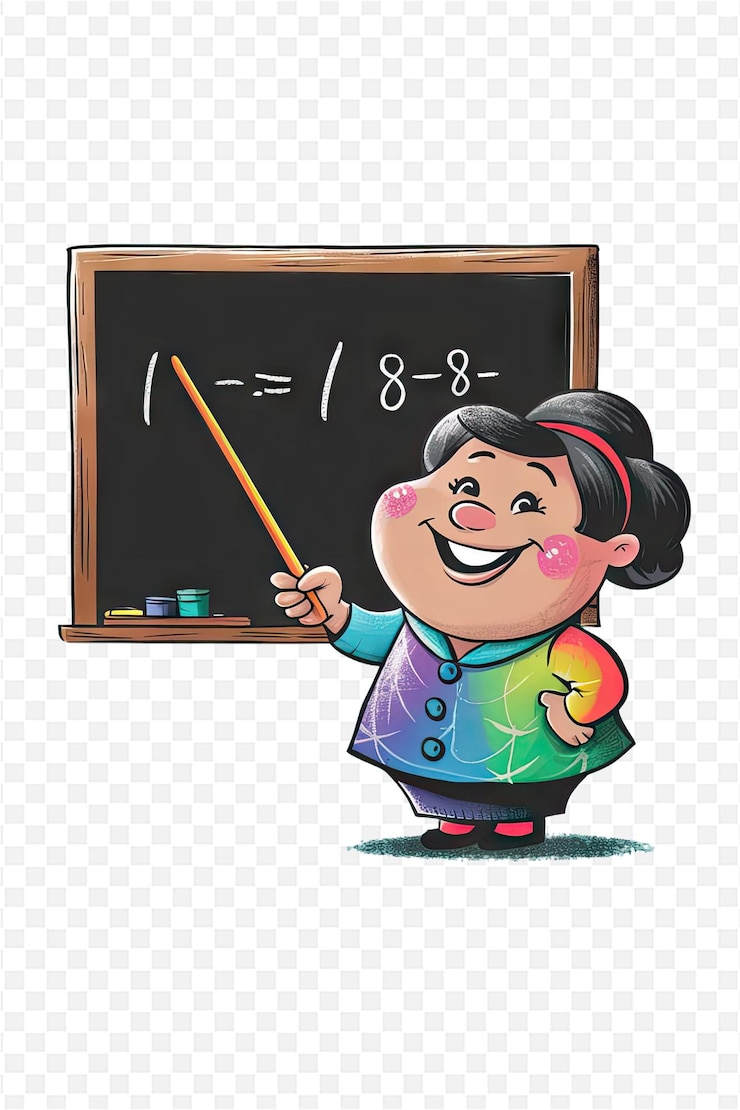 PSD a cartoon girl with a pointer points to the blackboard