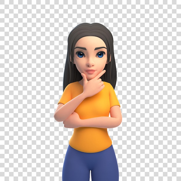 Cartoon girl in a yellow tshirt and jeans on a white background