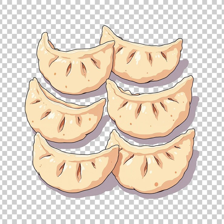 PSD cartoon gyoza dumplings with detailed shading on a seamless transparent background