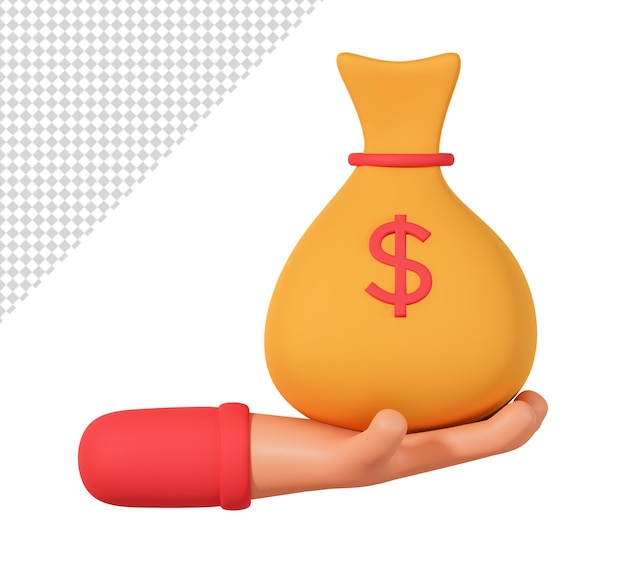 Cartoon hand hold money bag 3d illustration