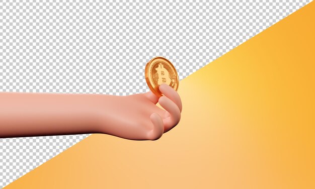 PSD mano del fumetto che tiene una moneta bitcoin, rendering 3d. bitcoin e la mano di un personaggio dei cartoni animati