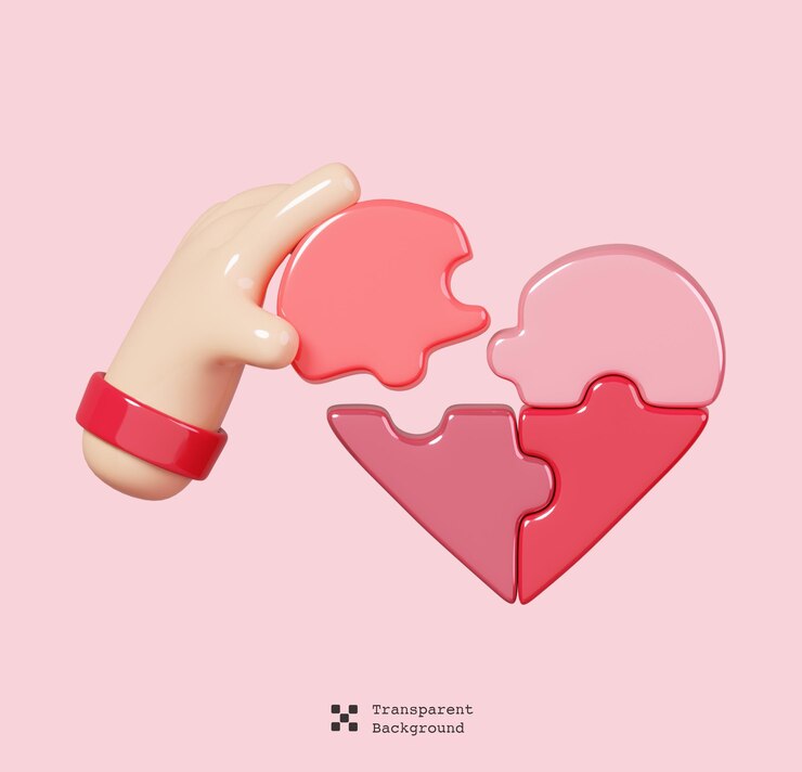 PSD cartoon hand holding jigsaw puzzle heart shape isolated. happy valentine's day icon. 3d illustration