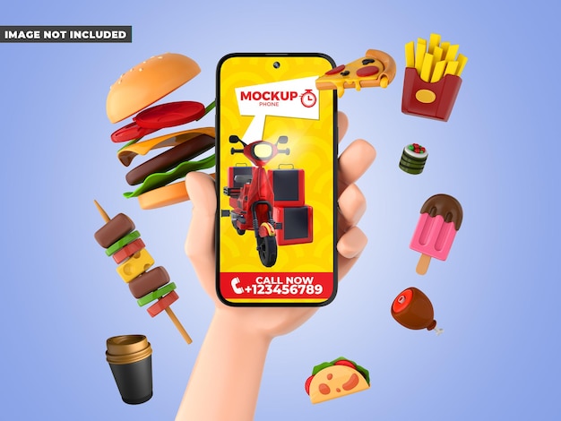 Cartoon hand holding phone mockup with food