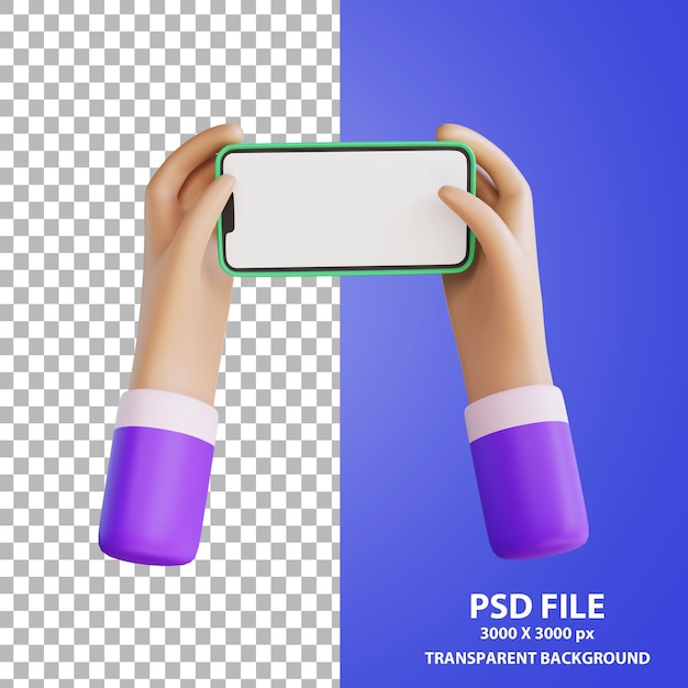 Мультяшная рука держит смартфон пустой белый 3d рендеринг