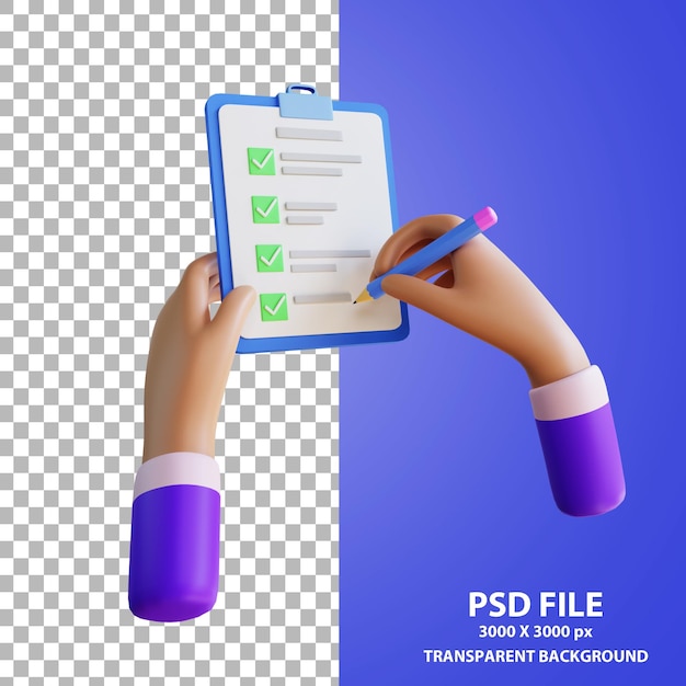 PSD cartoon hand holding smartphone checklist 3d rendering