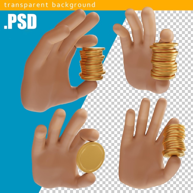 PSD cartoon hand holding a stack of coins on an isolated background.